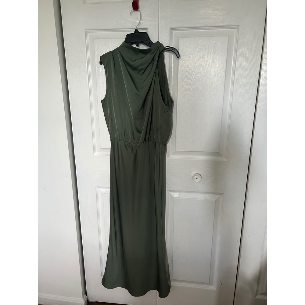 Olive Green Satin Draped Cowl Neck Sleeveless Midi Dress with Elastic Waist